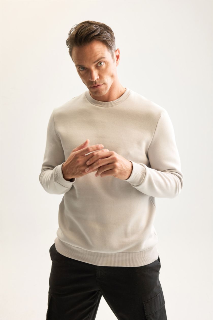 Erkek Açık Gri 3 İplik Pamuklu Şardonlu İçi Polarlı Regular Fit Bisiklet Yaka Kalın Sweatshirt