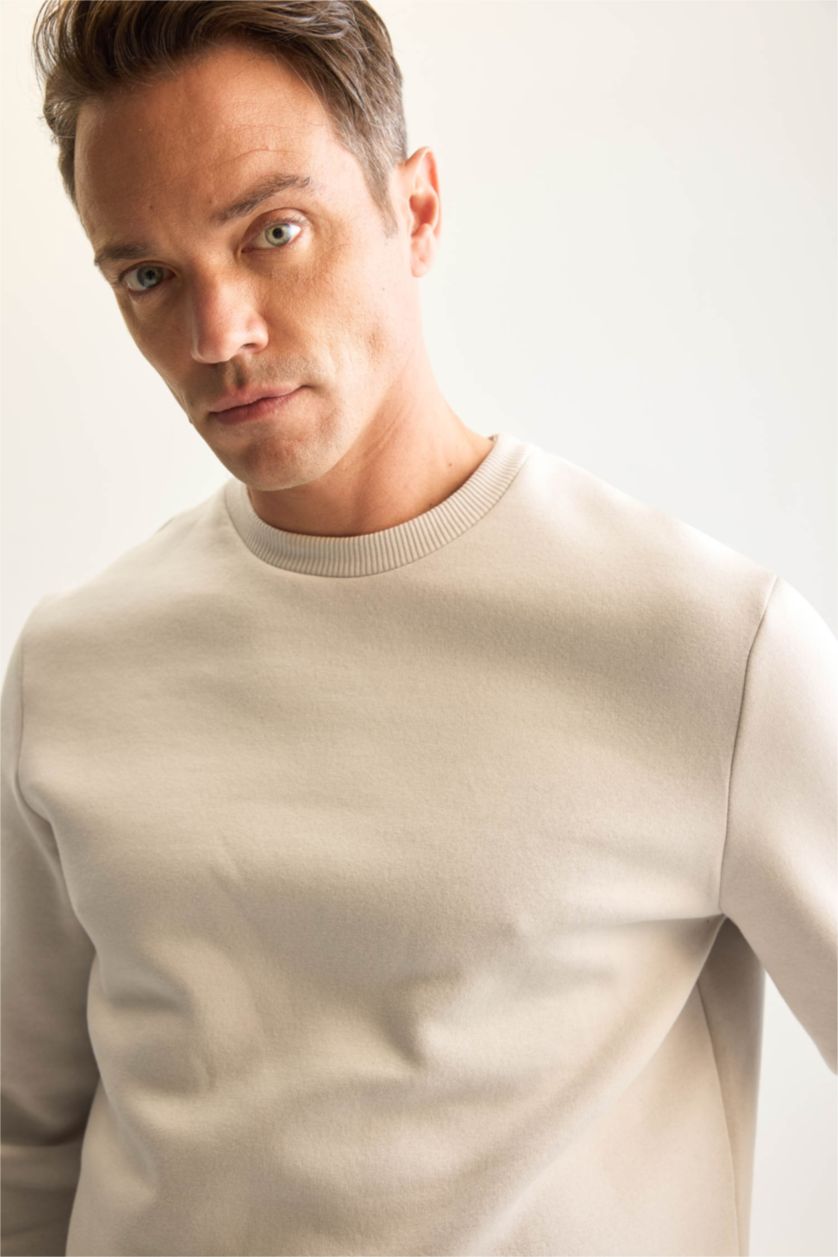 Erkek Açık Gri 3 İplik Pamuklu Şardonlu İçi Polarlı Regular Fit Bisiklet Yaka Kalın Sweatshirt