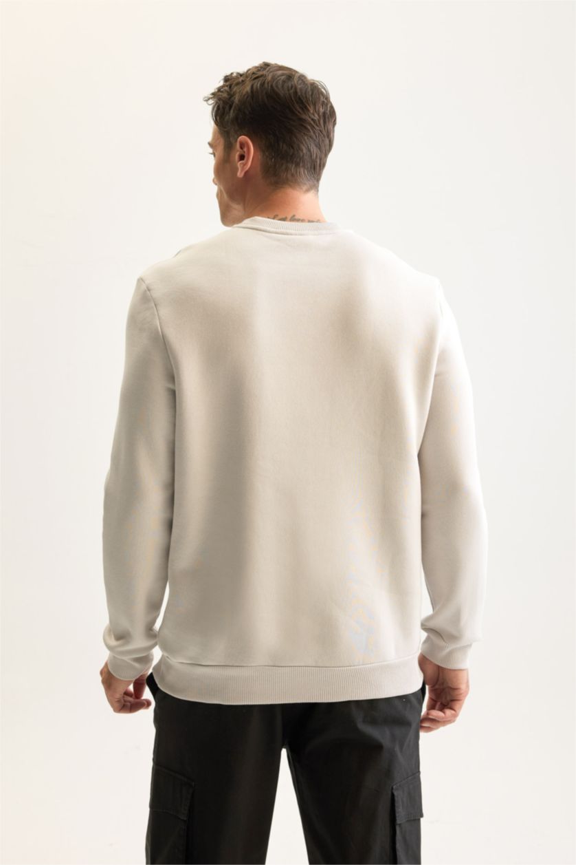 Erkek Açık Gri 3 İplik Pamuklu Şardonlu İçi Polarlı Regular Fit Bisiklet Yaka Kalın Sweatshirt