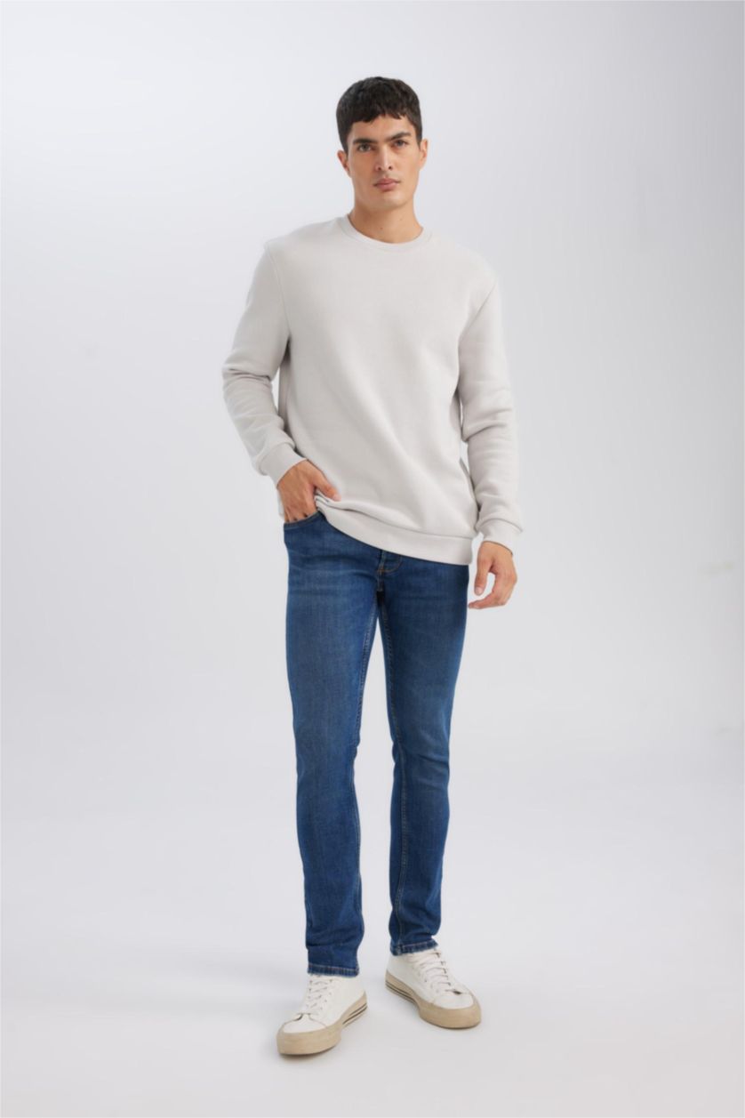 Erkek Açık Gri 3 İplik Pamuklu Şardonlu İçi Polarlı Regular Fit Bisiklet Yaka Kalın Sweatshirt