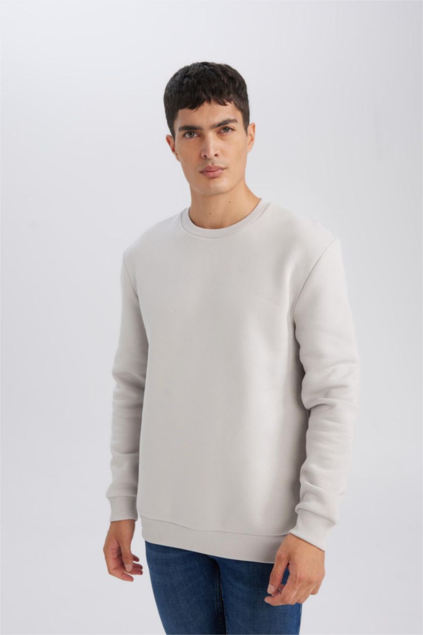 Erkek Açık Gri 3 İplik Pamuklu Şardonlu İçi Polarlı Regular Fit Bisiklet Yaka Kalın Sweatshirt