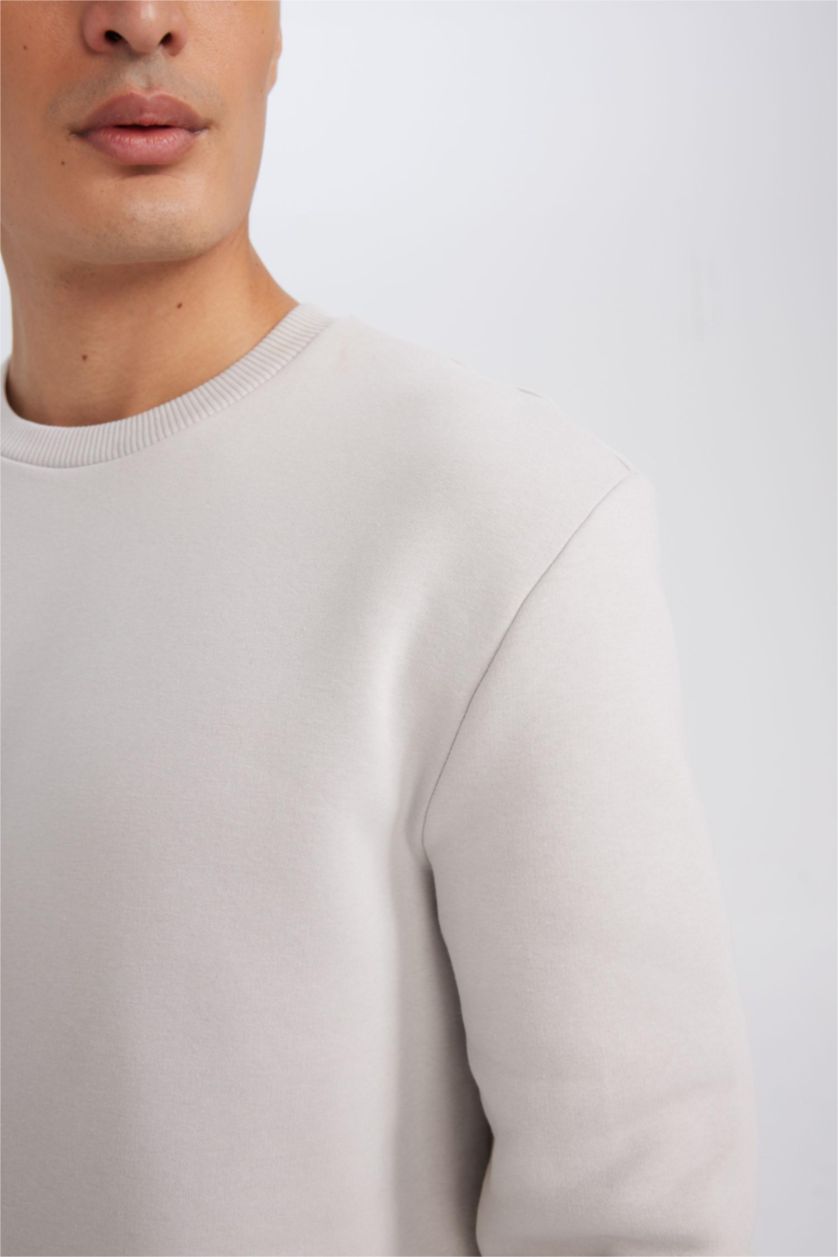 Erkek Açık Gri 3 İplik Pamuklu Şardonlu İçi Polarlı Regular Fit Bisiklet Yaka Kalın Sweatshirt