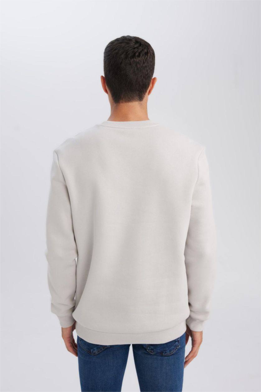 Erkek Açık Gri 3 İplik Pamuklu Şardonlu İçi Polarlı Regular Fit Bisiklet Yaka Kalın Sweatshirt