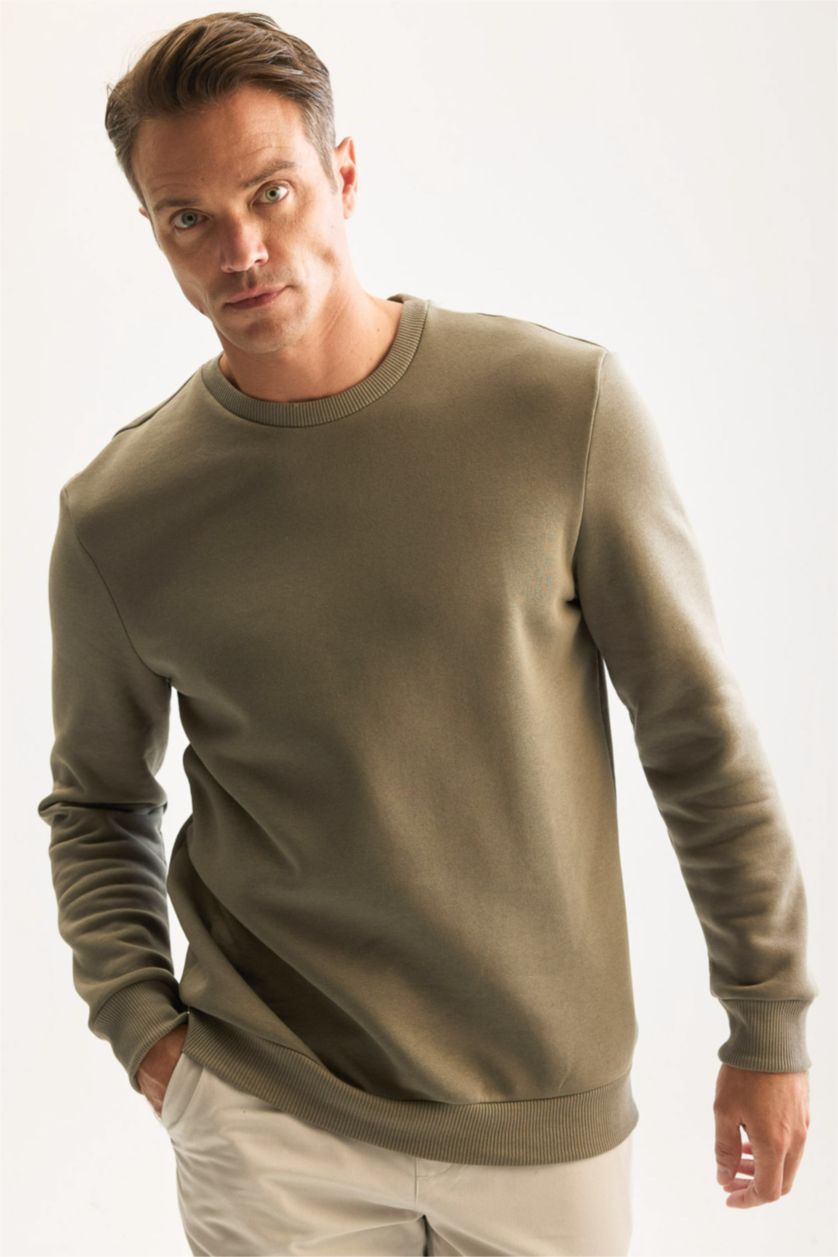 Erkek Haki 3 İplik Pamuklu Şardonlu İçi Polarlı Regular Fit Bisiklet Yaka Kalın Sweatshirt