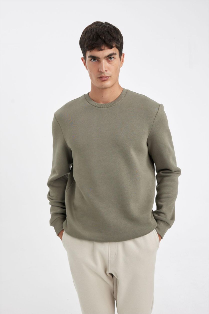 Men Khaki Regular Fit Thick Sweatshirt Fabric Sweatshirt
