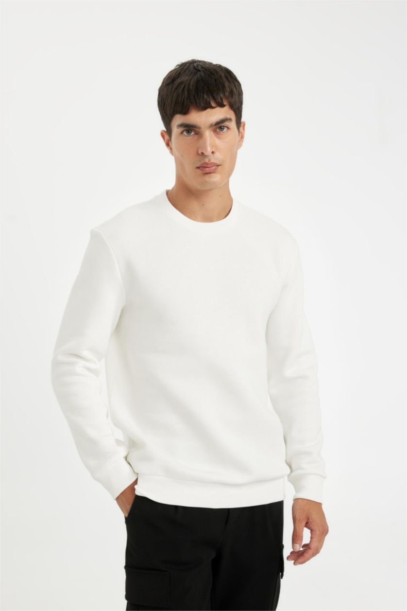 Erkek Kırık Beyaz Regular Fıt Kalın Sweatshirt Kumaşı Sweatshirt