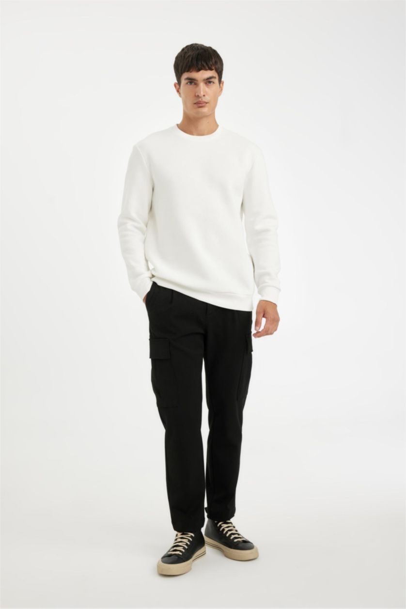 Erkek Kırık Beyaz Regular Fıt Kalın Sweatshirt Kumaşı Sweatshirt