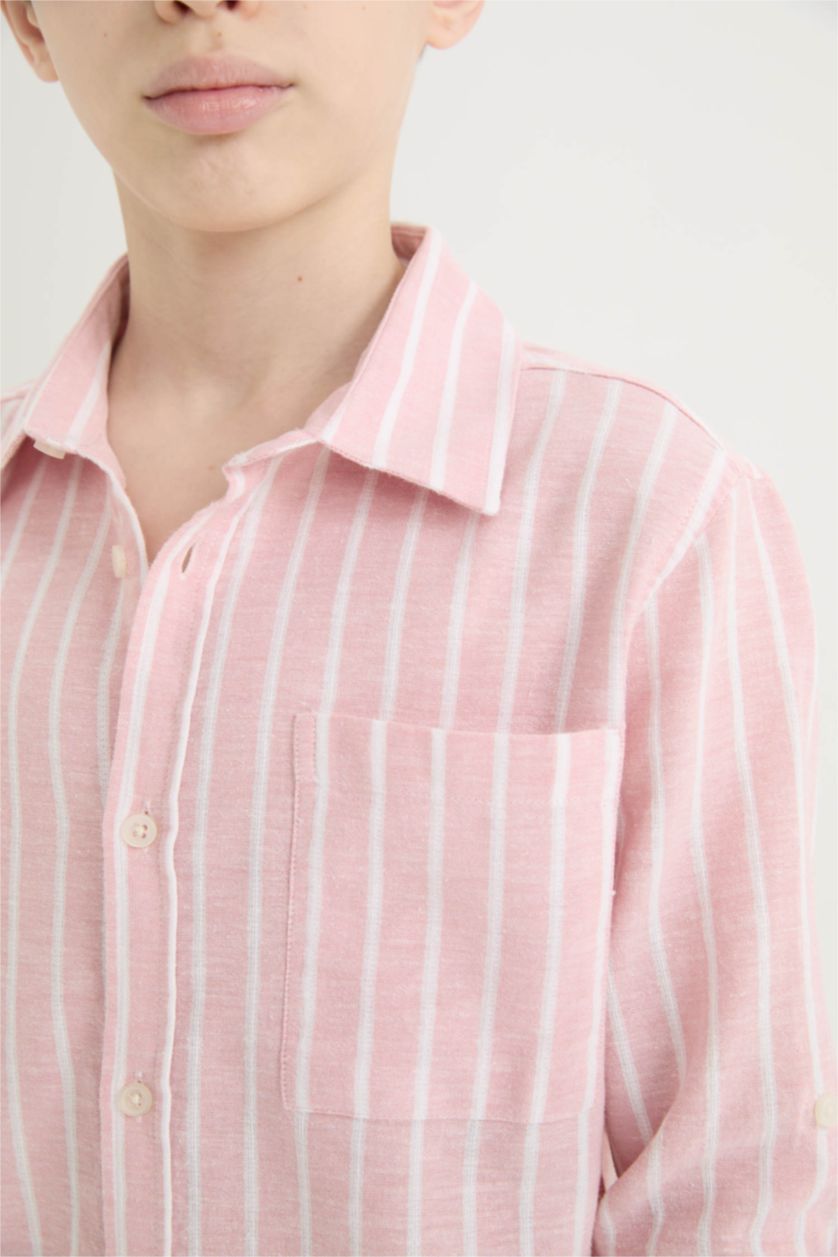 Erkek Çocuk - Genç Erkek Gülkurusu Polo Yaka Çizgili Keten Karışımlı Uzun Kollu Gömlek Erkek Çocuk