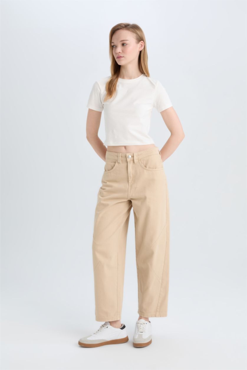 Женщины Бежевый Свободный Кррой Высокая Талия Габардиновые Штаны