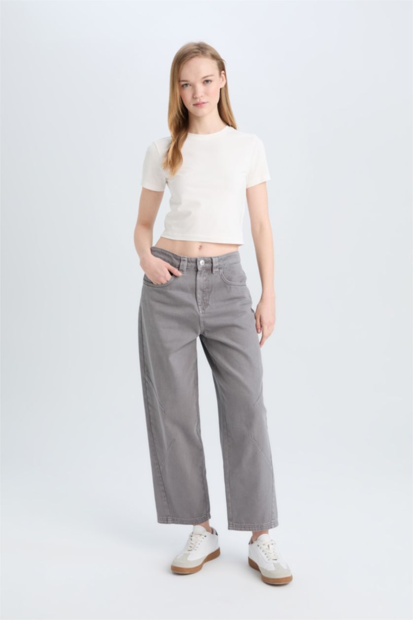Woman Grey Baggy Fit Gabardine Trousers