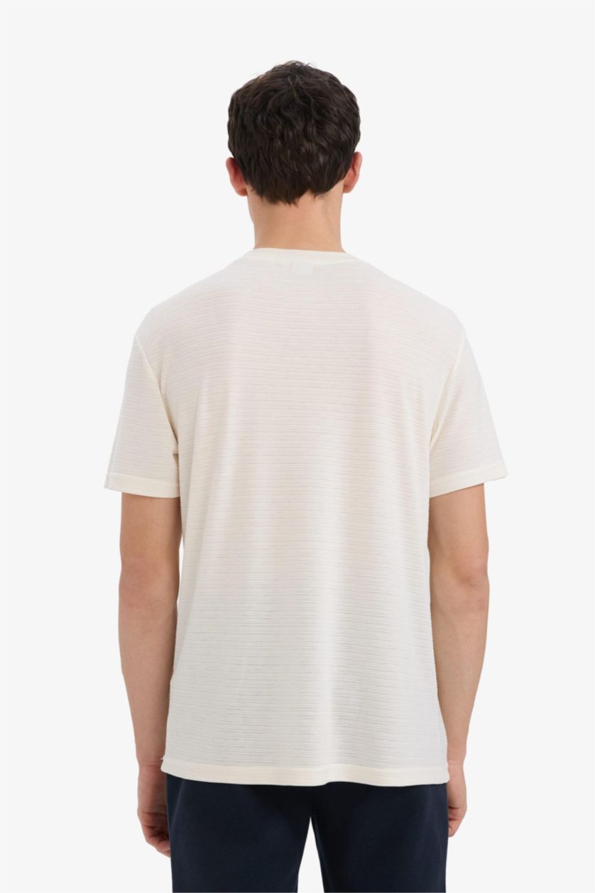 Erkek Kırık Beyaz Regular Fit Bisiklet Yaka Kısa Kollu Dokulu Jakarlı Tişört