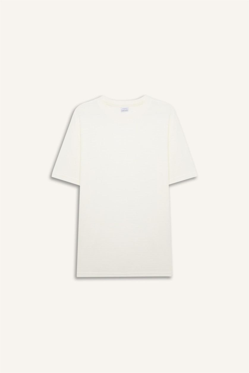 Erkek Kırık Beyaz Regular Fit Bisiklet Yaka Kısa Kollu Dokulu Jakarlı Tişört