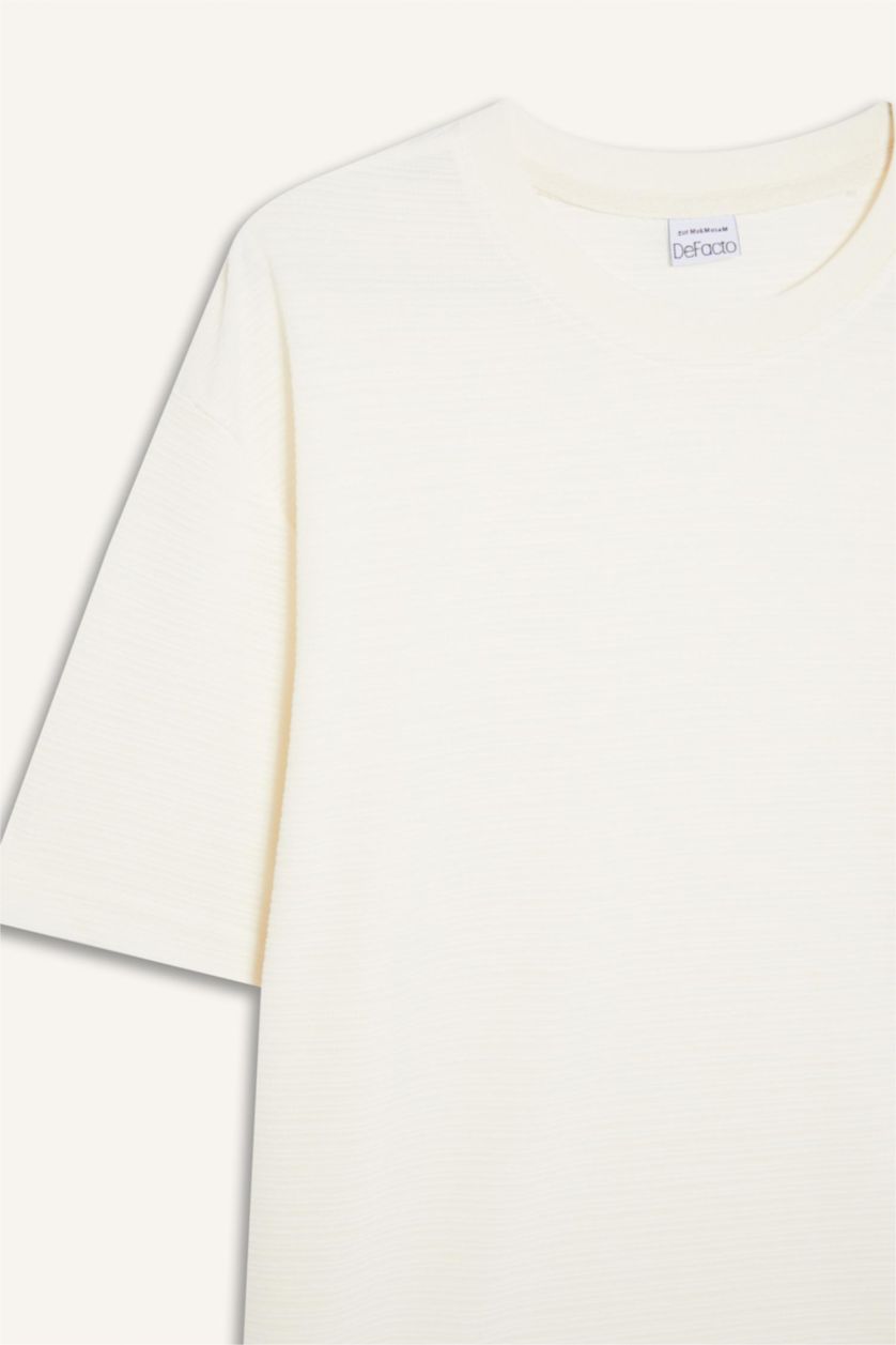 Erkek Kırık Beyaz Regular Fit Bisiklet Yaka Kısa Kollu Dokulu Jakarlı Tişört