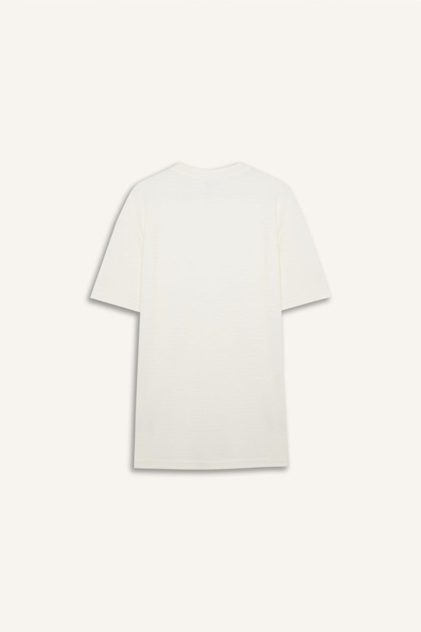Erkek Kırık Beyaz Regular Fit Bisiklet Yaka Kısa Kollu Dokulu Jakarlı Tişört
