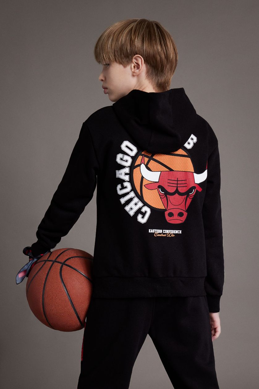 Erkek Çocuk - Genç Erkek Siyah NBA Wordmark Kapüşonlu İçi Yumuşak Tüylü Sweatshirt Erkek Çocuk