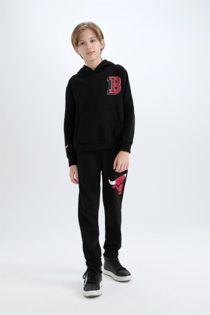 Erkek Çocuk - Genç Erkek Siyah NBA Wordmark Kapüşonlu İçi Yumuşak Tüylü Sweatshirt Erkek Çocuk