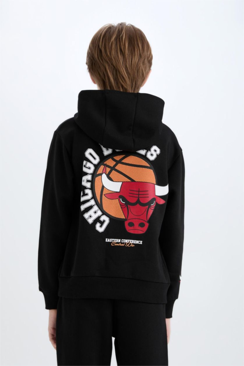 Erkek Çocuk - Genç Erkek Siyah NBA Wordmark Kapüşonlu İçi Yumuşak Tüylü Sweatshirt Erkek Çocuk