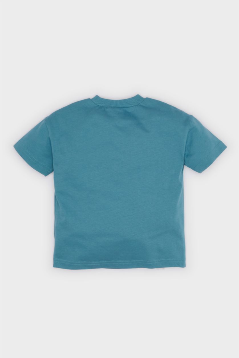 Erkek Bebek Açık Petrol Bisiklet Yaka Baskılı Kısa Kollu Tişört Erkek Bebek