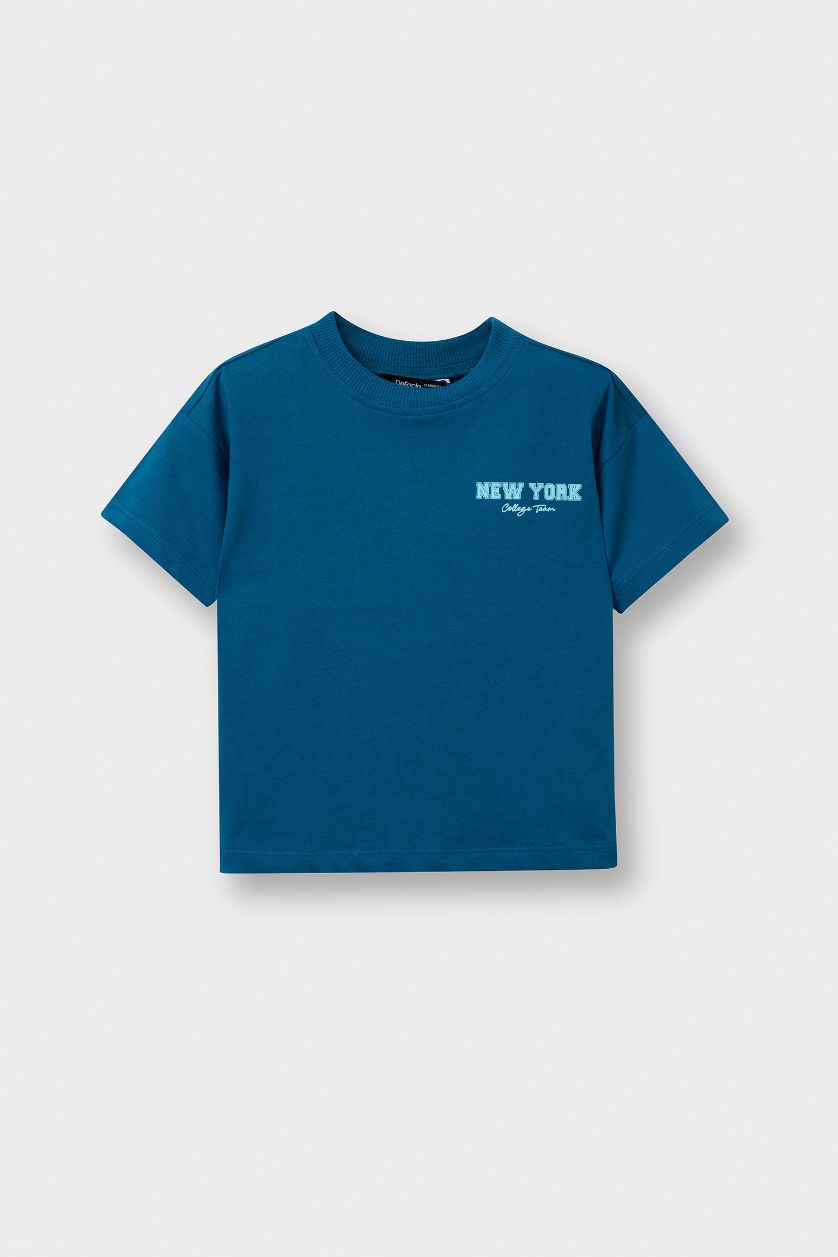 Erkek Bebek Petrol Regular Fıt Slogan Desenli Kısa Kollu Tişört Erkek Bebek