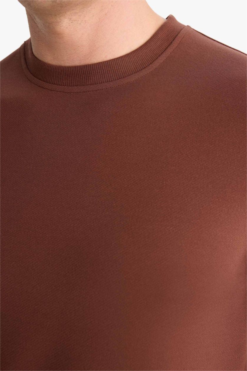 Erkek Kahve Regular Fit Bisiklet Yaka Dokulu Basic Düz Kısa Kollu Çapraz Dokuma Tişört