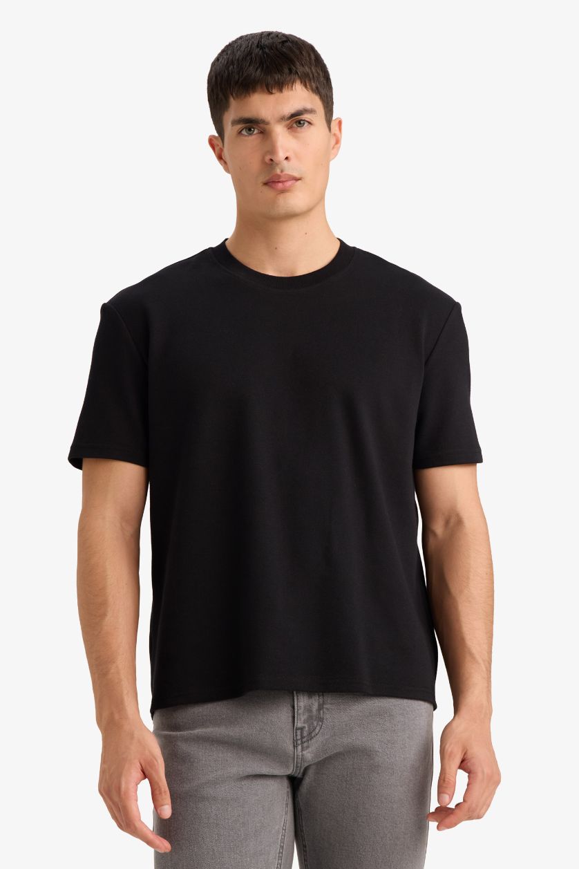 رجالي أسود تيشيرت نص كم تويل قصة عادية ورقبة مستديرة