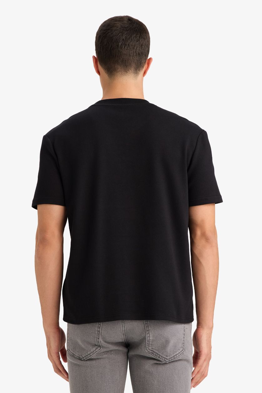 رجالي أسود تيشيرت نص كم تويل قصة عادية ورقبة مستديرة