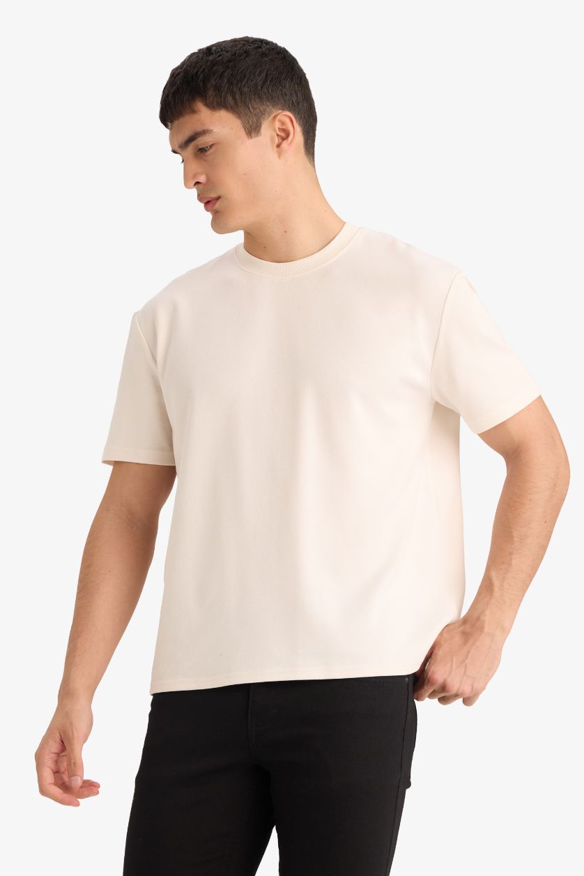 MAN Ecru Regular Fit Crew Neck Twill Short Sleeve T-shirt
