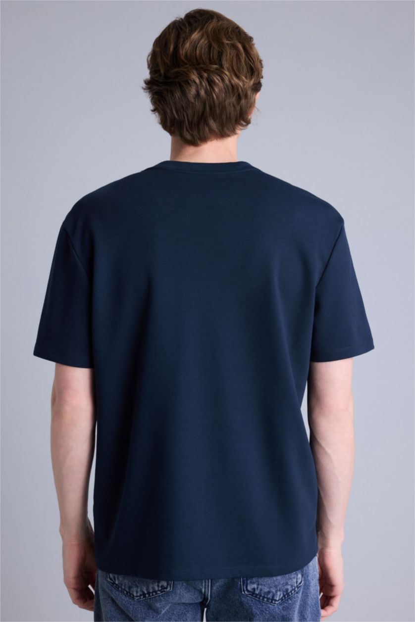 Erkek Lacivert Regular Fıt Bisiklet Yaka Twill Kısa Kollu Tişört