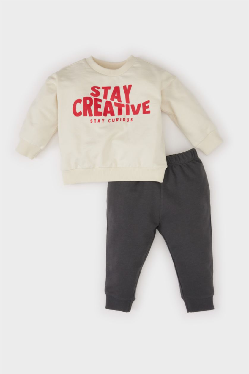 Erkek Bebek Ekru 2'li Takım Baskılı Sweatshirt Beli Lastikli Eşofman Altı Erkek Bebek