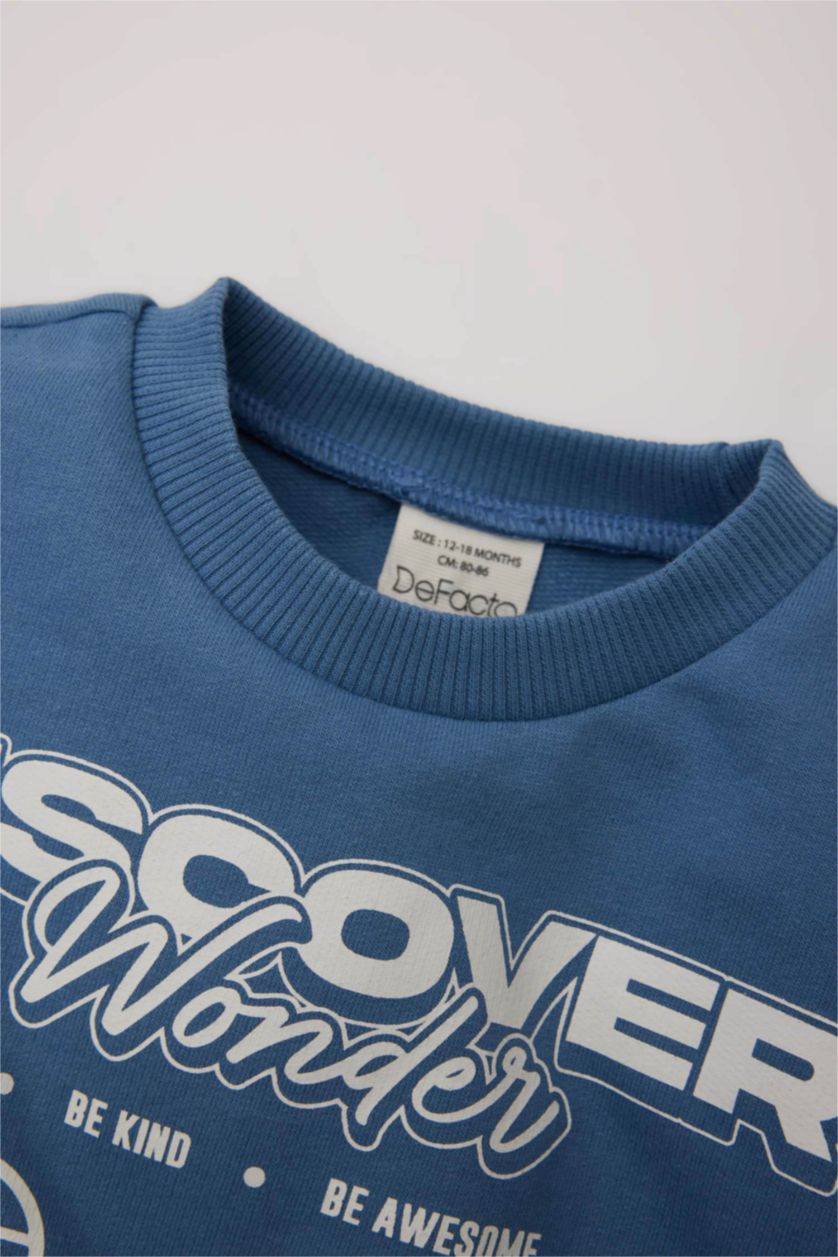 طفل صغير أزرق سيت ولادي سويت شيرت وبنطلون بجامة بطبعة شعار- قطعتين