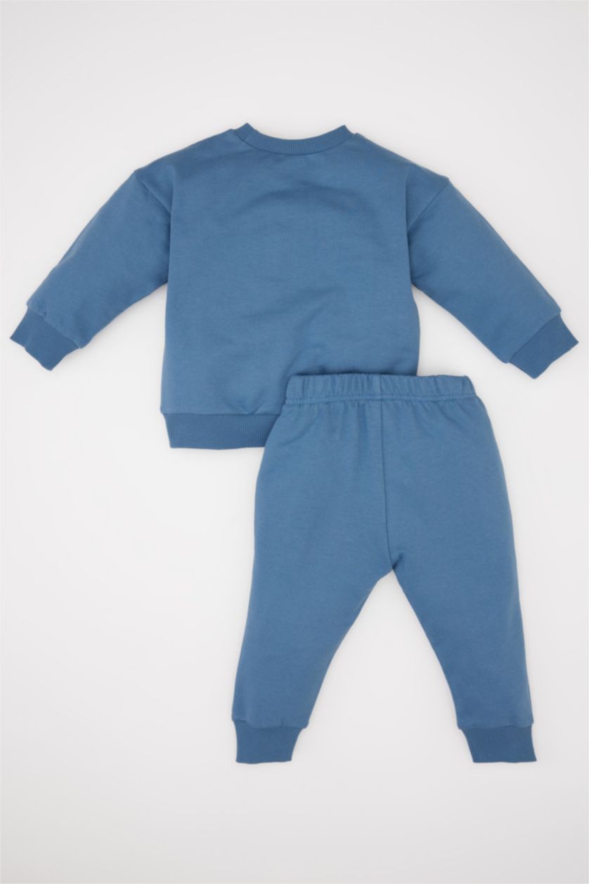 طفل صغير أزرق سيت ولادي سويت شيرت وبنطلون بجامة بطبعة شعار- قطعتين