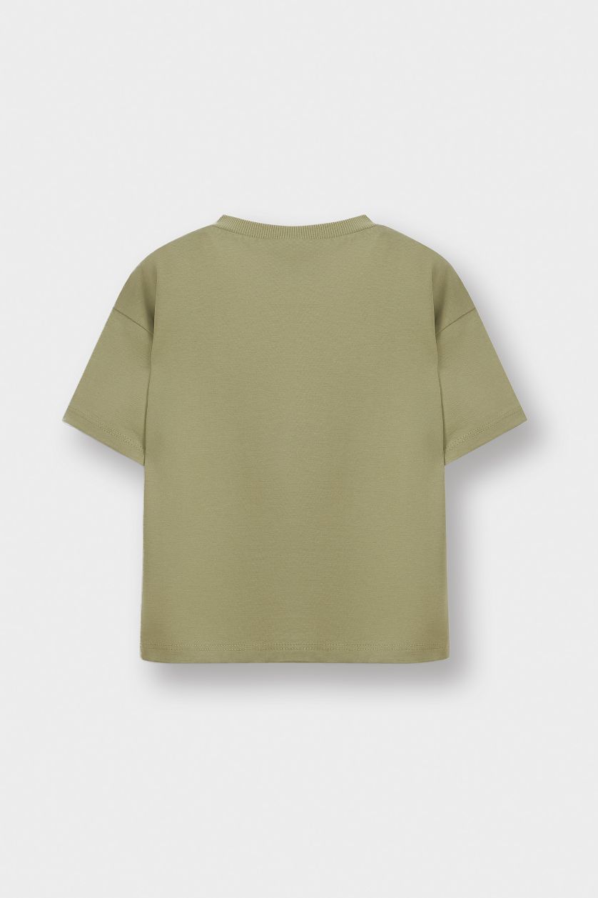 Erkek Bebek Açık Haki Bisiklet Yaka Baskılı Kısa Kollu Tişört Erkek Bebek