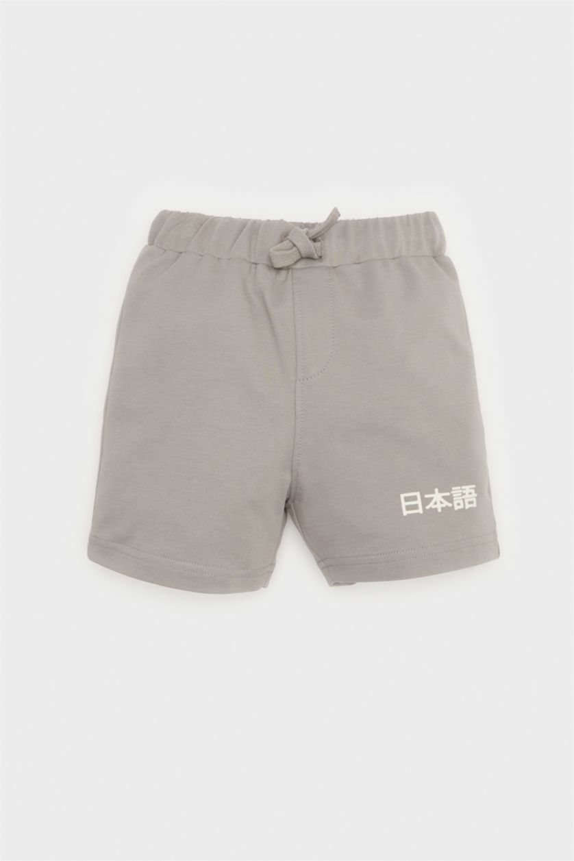 Erkek Bebek Gri 2'li Takım Baskılı Kısa Kollu Tişört Beli Lastikli Şort Erkek Bebek