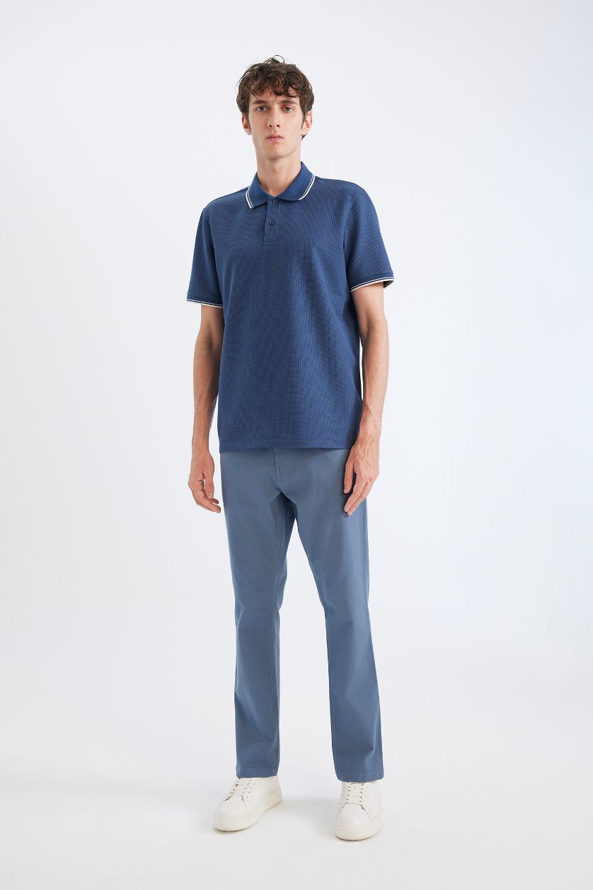 Erkek İndigo Regular Fit Polo Yaka Kısa Kollu Waffle Tişört