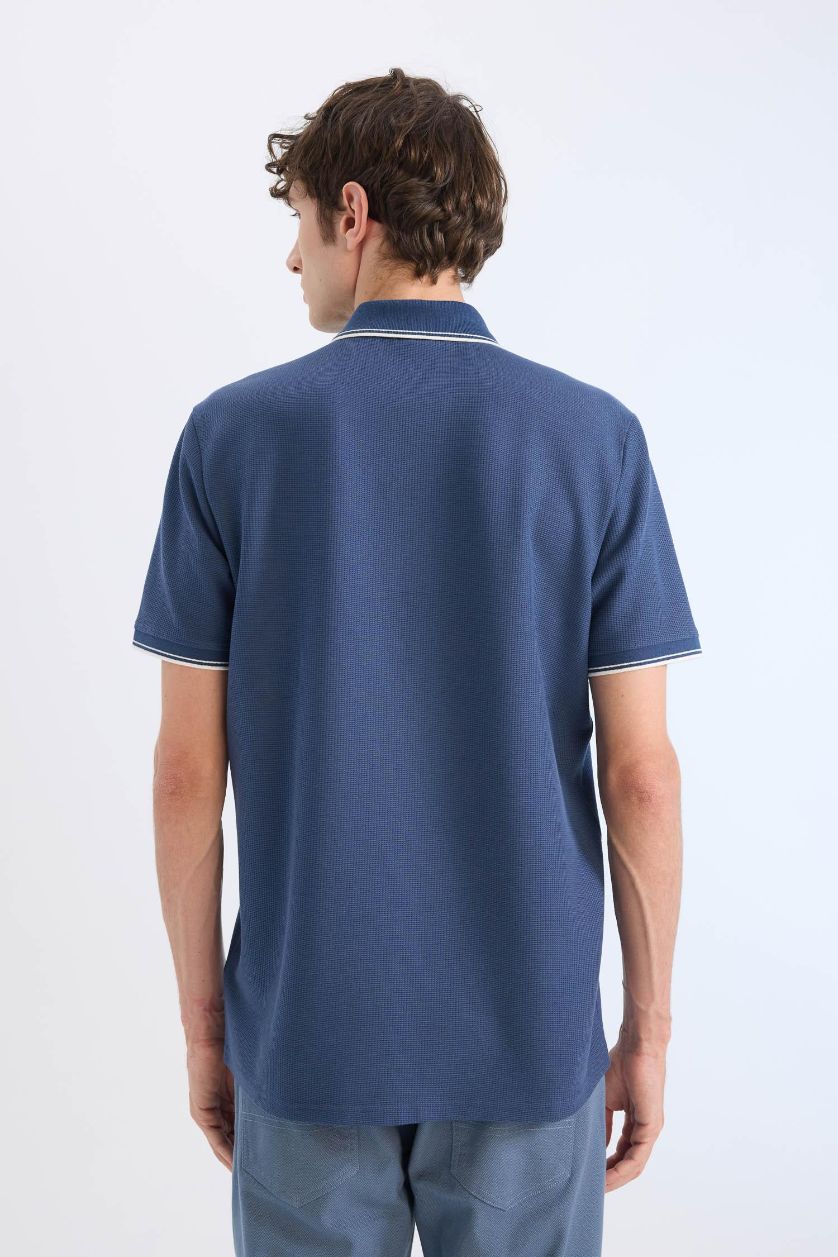 Erkek İndigo Regular Fit Polo Yaka Kısa Kollu Waffle Tişört