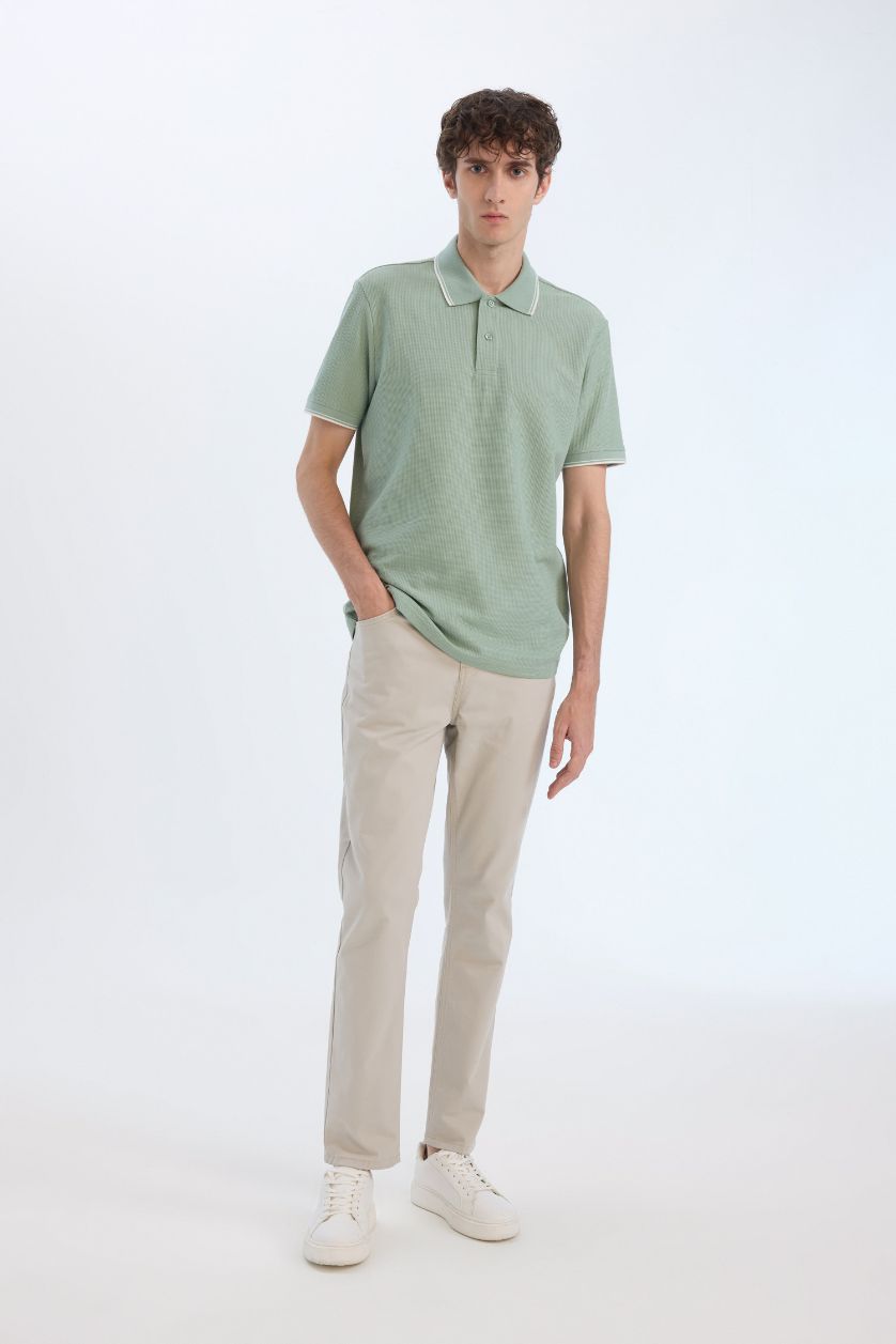 Erkek Açık Haki Regular Fit Polo Yaka Kısa Kollu Waffle Tişört