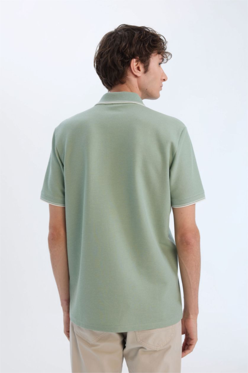Erkek Açık Haki Regular Fit Polo Yaka Kısa Kollu Waffle Tişört
