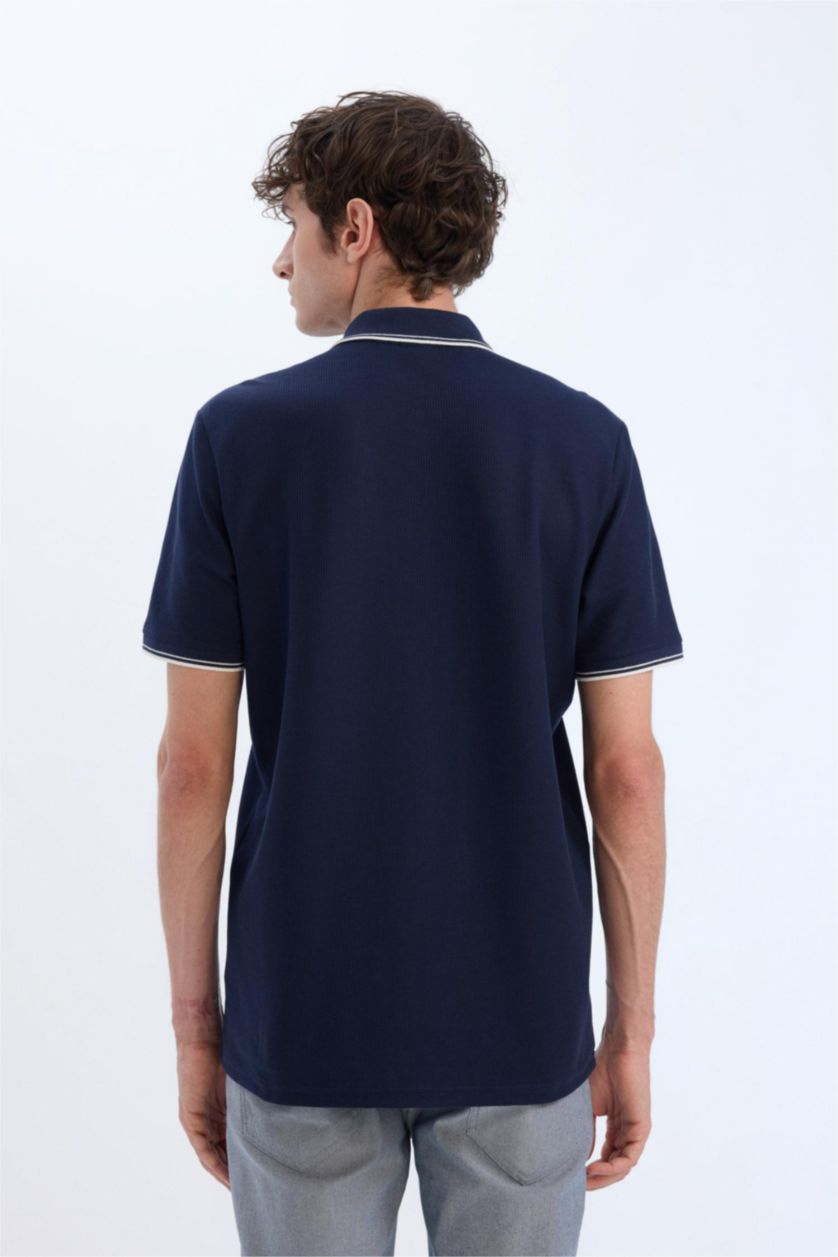 Erkek Lacivert Regular Fit Polo Yaka Waffle Kısa Kollu Tişört