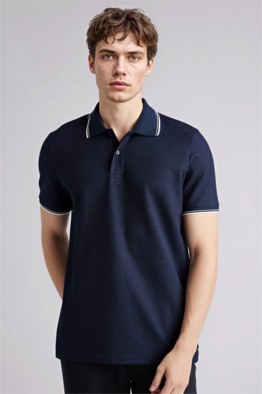 Erkek Lacivert Regular Fıt Polo Yaka Waffle Kısa Kollu Polo Tişört