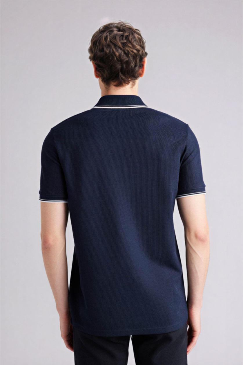 Erkek Lacivert Regular Fıt Polo Yaka Waffle Kısa Kollu Polo Tişört