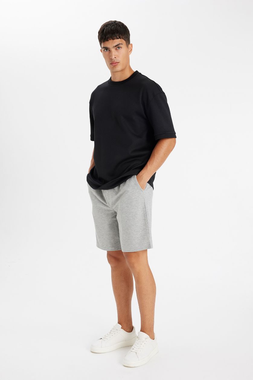 Erkek Gri Melanj Regular Fit Cepli Basic Düz Bermuda Şort