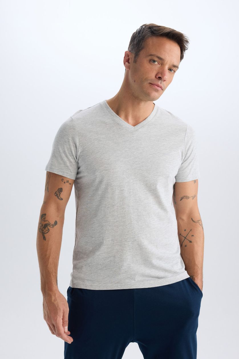 MAN Grey Melange New Regular Fit V-Neck Short Sleeve T-Shirt