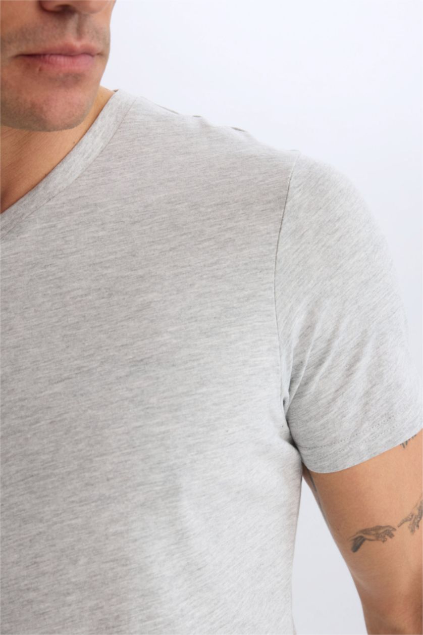 MAN Grey Melange New Regular Fit V-Neck Short Sleeve T-Shirt