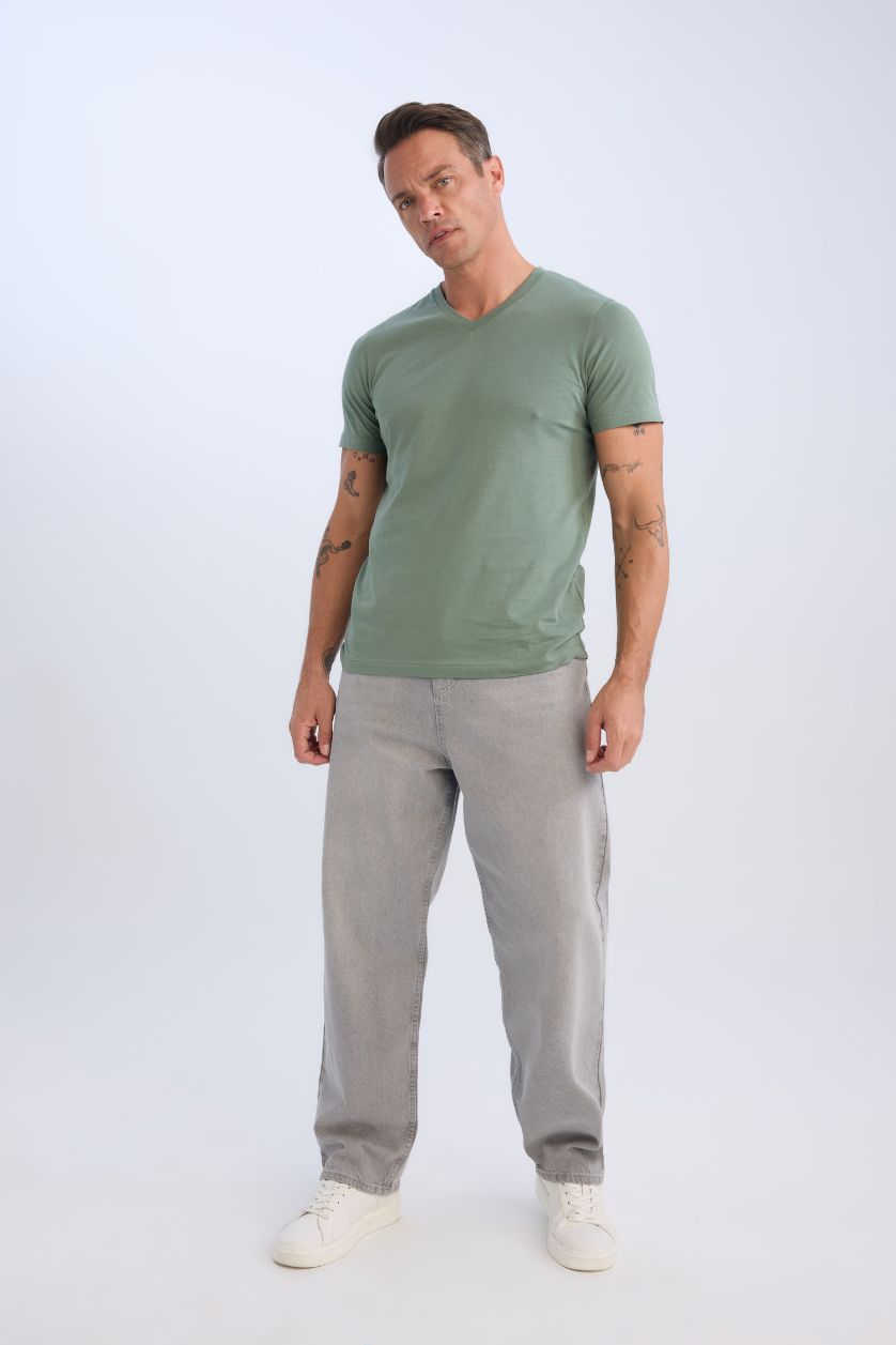 Erkek Haki Esnek Kumaş Basic Tişört