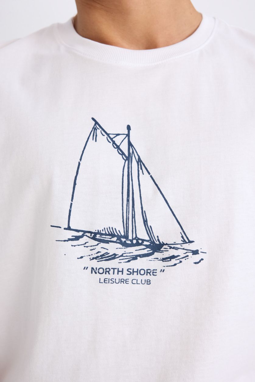 Erkek Beyaz %100 Pamuk Regular Fit Bisiklet Yaka Baskılı Kısa Kollu Tişört