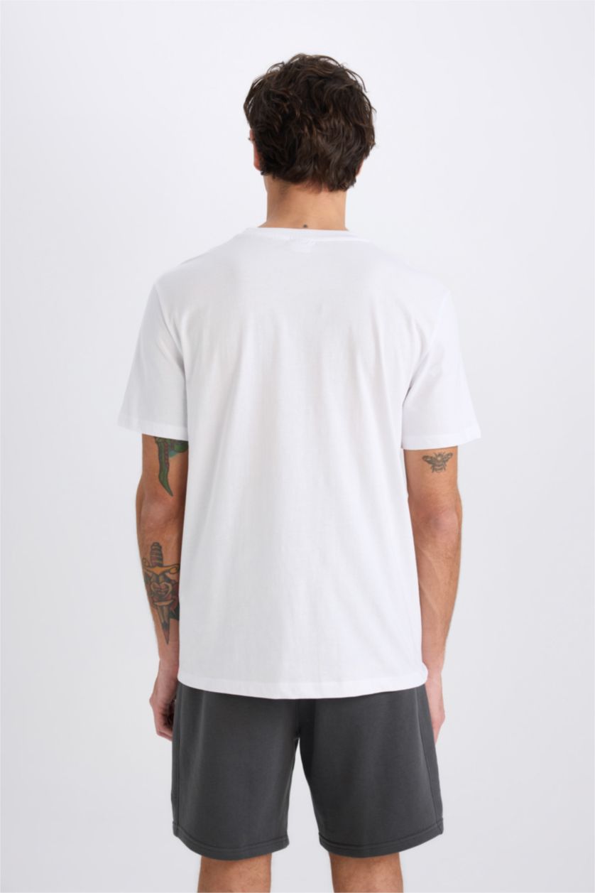 Erkek Beyaz %100 Pamuk Regular Fit Bisiklet Yaka Baskılı Kısa Kollu Tişört