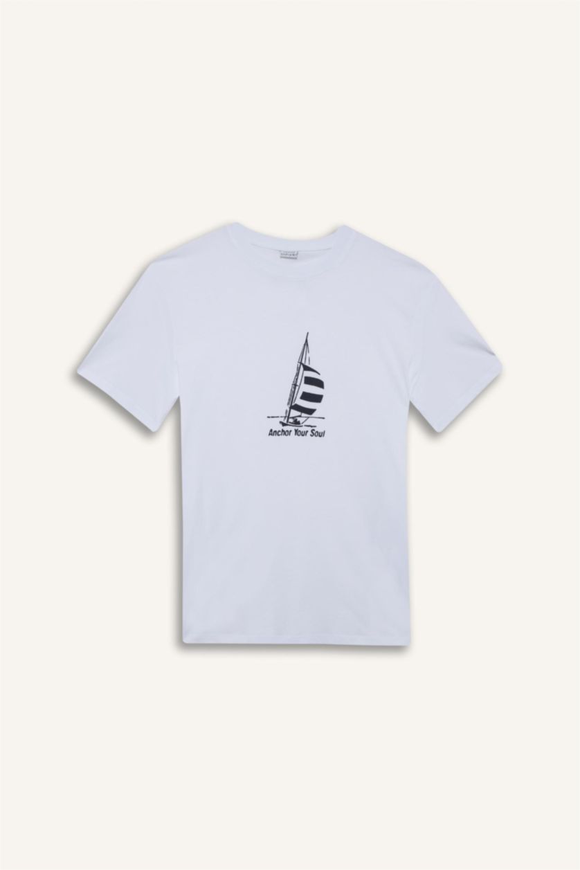 Erkek Beyaz %100 Pamuk Regular Fit Bisiklet Yaka Baskılı Kısa Kollu Tişört