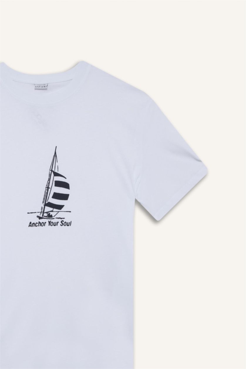 Erkek Beyaz %100 Pamuk Regular Fit Bisiklet Yaka Baskılı Kısa Kollu Tişört