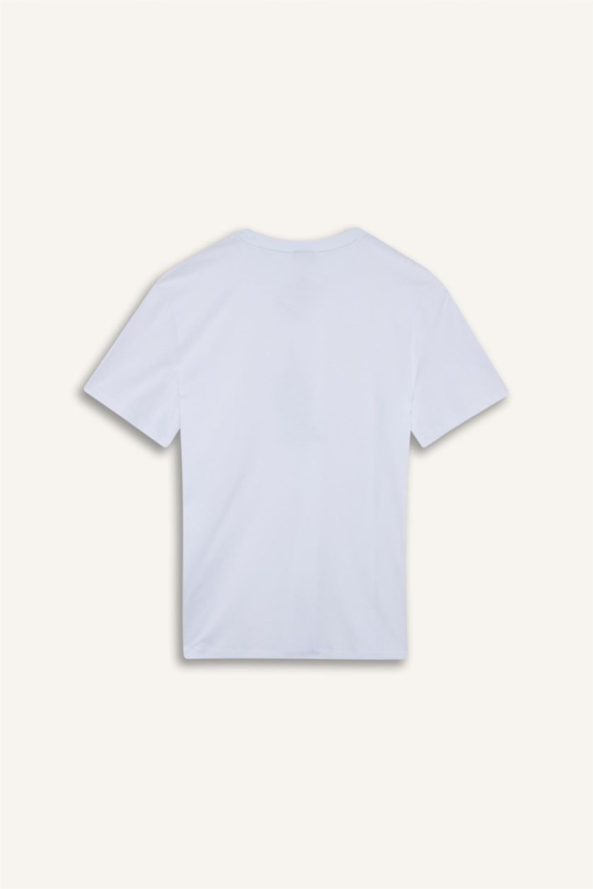 Erkek Beyaz %100 Pamuk Regular Fit Bisiklet Yaka Baskılı Kısa Kollu Tişört