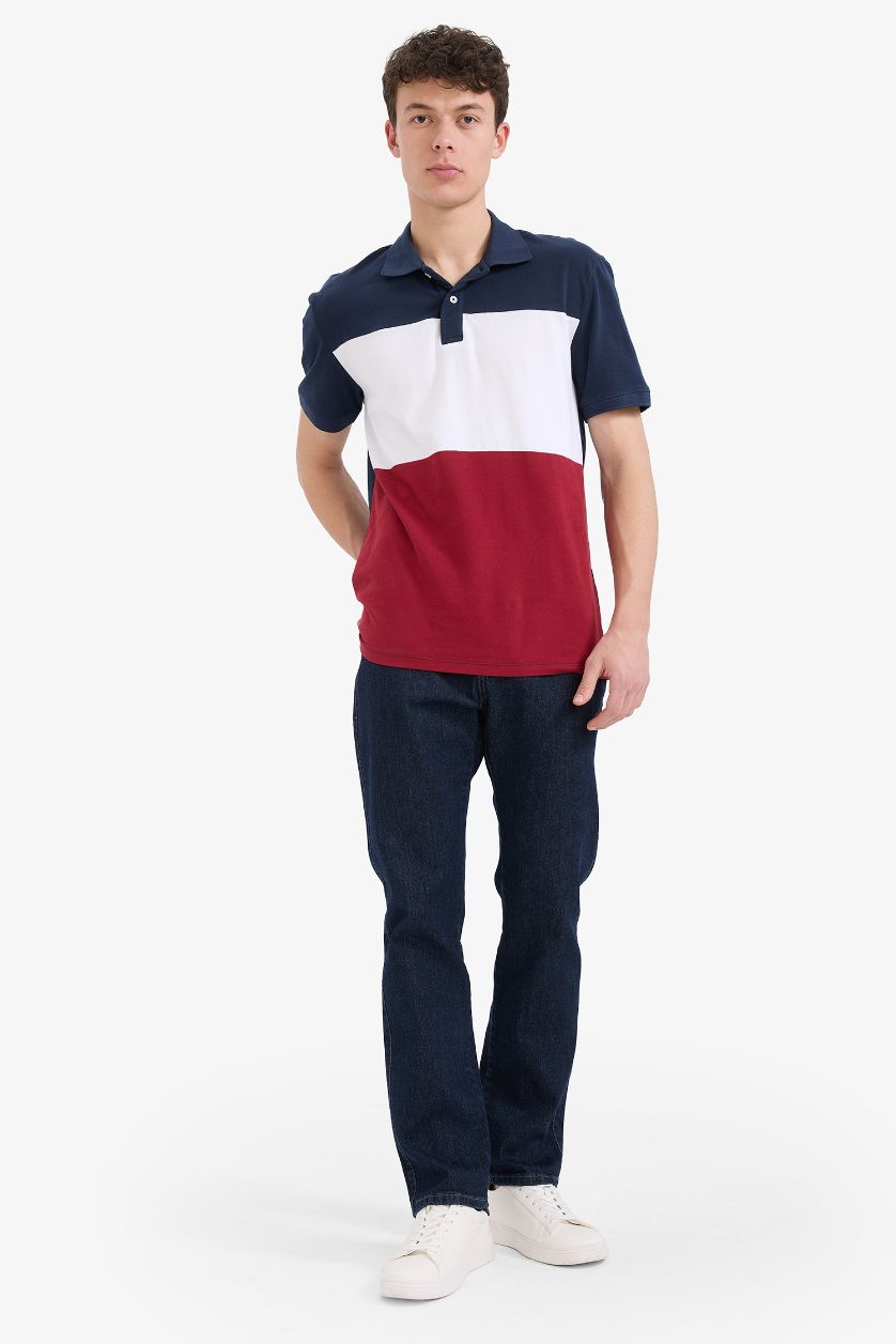 Erkek Lacivert %100 Pamuk Regular Fit Polo Yaka Bloklu Kısa Kollu Tişört